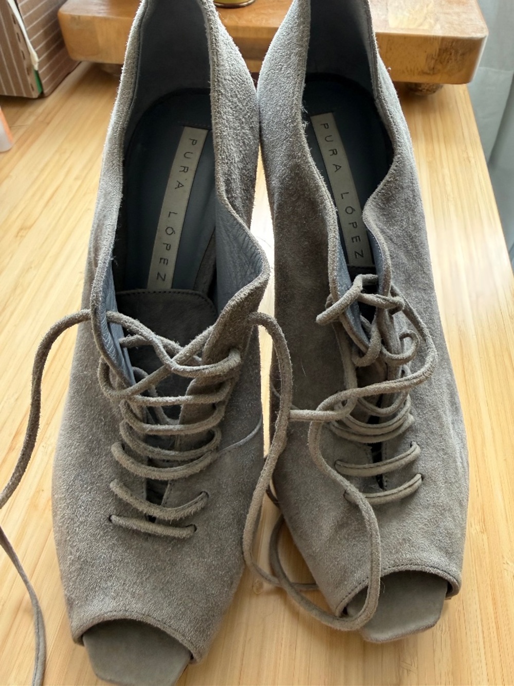 Pura Lopez Suede Lace-Up Peep Toe Platform Heels 37.5